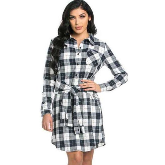 Women's Multicolor Collared Plaid Tie Waist Casual Long Sleeve Midi Shirt Dress - Picture 2 of 2